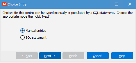 Select how to populate the data within your object - either by manual input, or via SQL query.